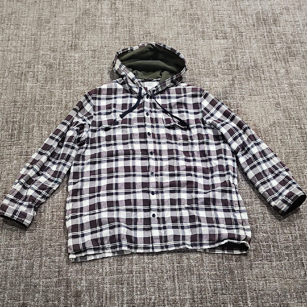 L.L. Bean Plaid Shirt Flannel Fleece Lined With Hoodie